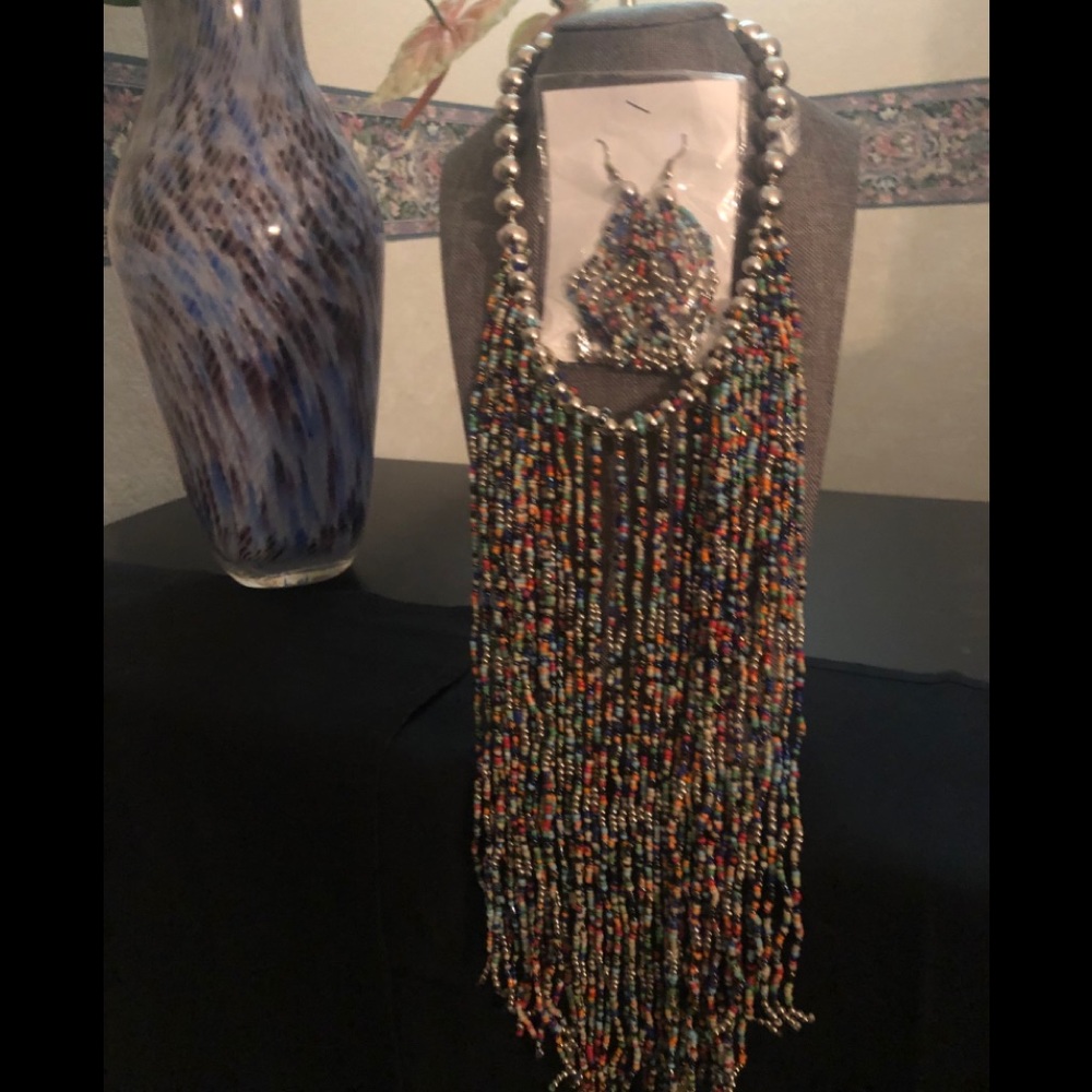 Multi-Color Seed Bead Bib Necklace w/Earrings